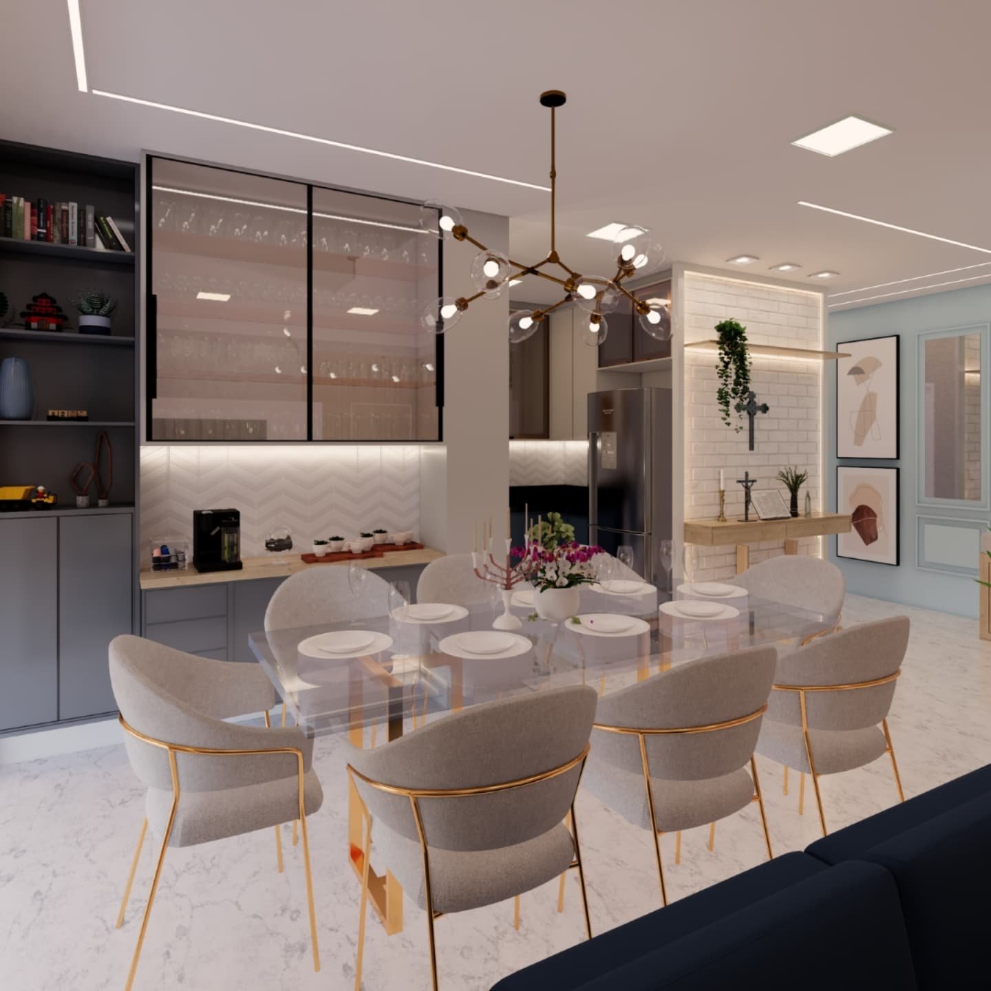 Sala de jantar com mesa de vidro e lustre escultural