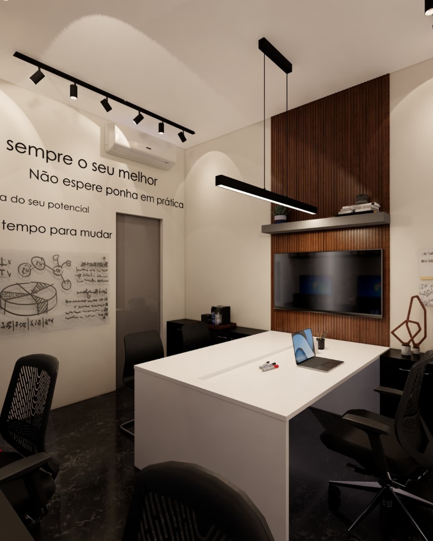Sala de reunião com mesa de madeira e pendente linear